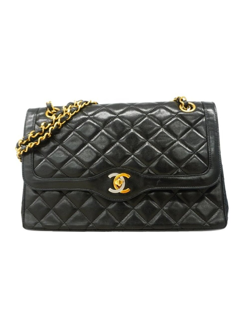 Chanel Shoulder Bag Quilted Limited Edition Lambskin Black Gold Silver